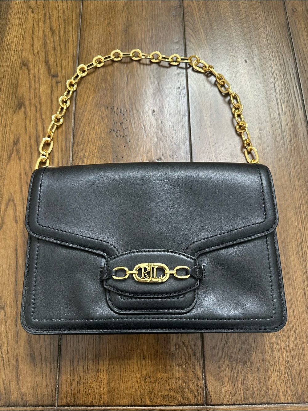 Ralph Lauren Black Leather Shoulder Bag with Gold Chain